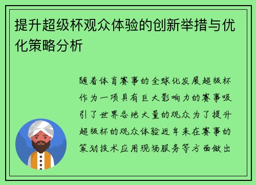 提升超级杯观众体验的创新举措与优化策略分析