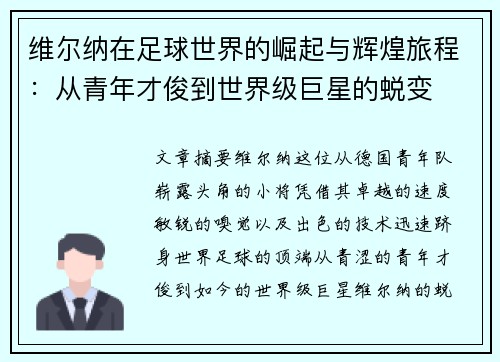 维尔纳在足球世界的崛起与辉煌旅程：从青年才俊到世界级巨星的蜕变