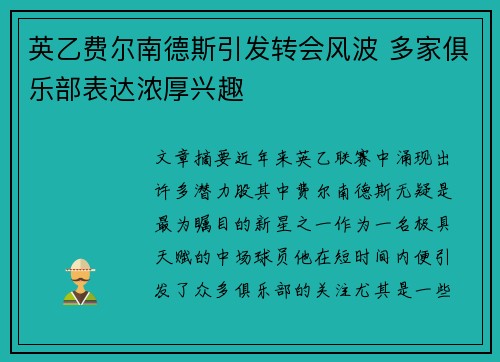英乙费尔南德斯引发转会风波 多家俱乐部表达浓厚兴趣